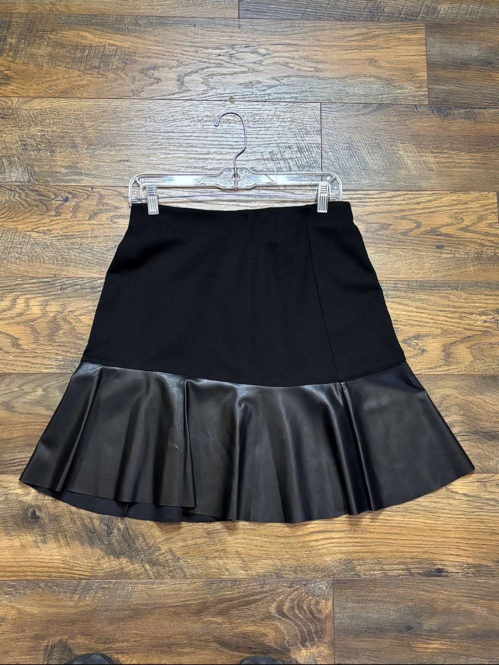 CAbi Black Mini Skirt with Faux Leather Flounce Hem